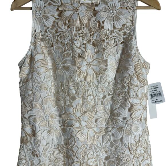 Shoshanna Ivory Gold Sleeveless Floral Lace Midi Cocktail Dress Size 10 - Picture 7 of 13